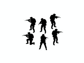 Obraz premium Soldier silhouettes with tactical poses on white background