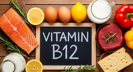 Assorted healthy foods surround a chalkboard with 