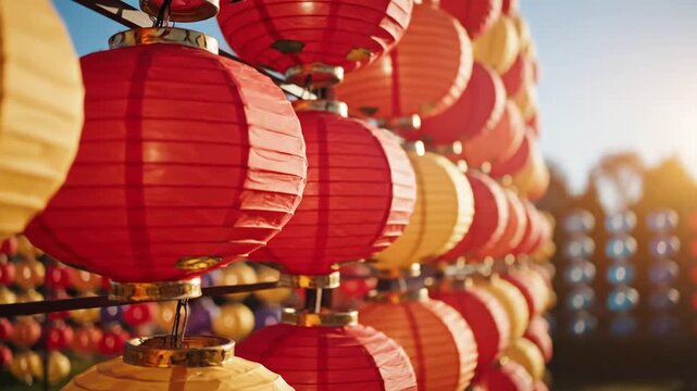 Row of Red and Yellow Chinese Lanterns Illuminated by Sunlight.