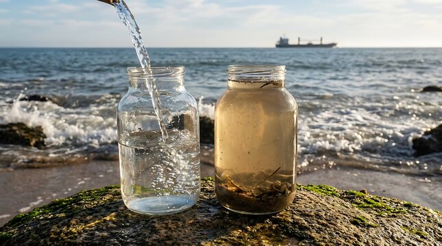 Sea water samples in glass jars comparing clean water and polluted sediment