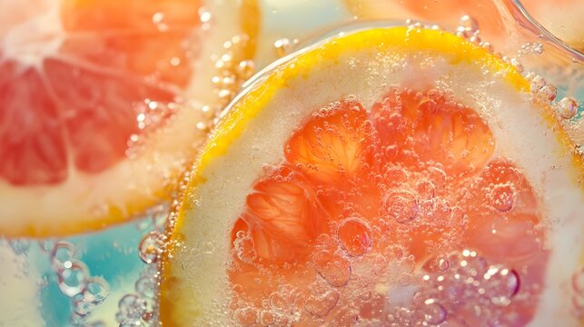 Grapefruit slices in sparkling water with bubbles citrus