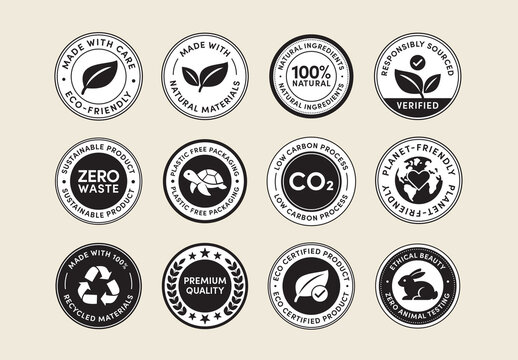 Eco Friendly Badge Sticker Set Vector Templates, Green Labels, Eco seals, Sustainable Icons for Environmental Messaging in Solid Black