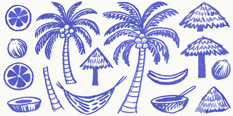 Obraz premium Blue sketch of tropical fruits palm trees and relaxing beach elements
