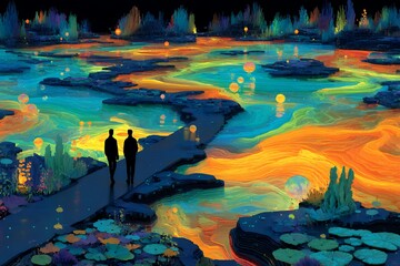 two figures stand at the edge of a colorful volcano caldera