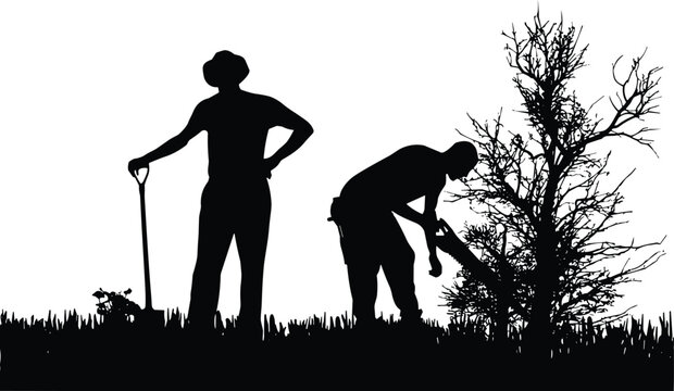 Gardening silhouettes, people working outdoors, shovel, pruning tree, teamwork in nature, manual labor, environment care, landscape, agriculture, sustainability illustration