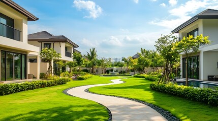 Fototapeta premium Modern houses with lush green courtyard and winding path