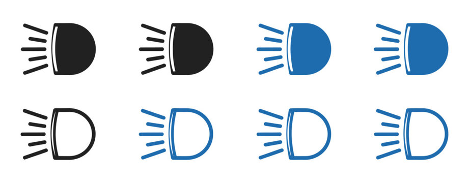 Car Light Dashboard Icon, vehicle dipped beam and LED headlight indicator, panel warning sign, lamp symbol set in black, blue, green, clean vector illustration for car UI and dashboard design.