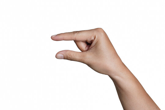 Right Hand holding a little bit of something, isolated on white background. Gesture indicating a pinch or small grasp, ideal for interaction and communication