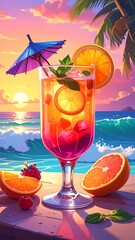 Obraz premium Tropical drink with parasol, fruit, at sunset beach