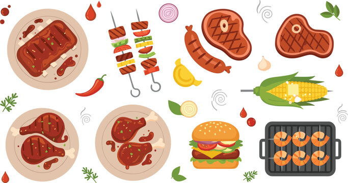 Grilled Meat and BBQ Food Collection with Steak, Sausage, Skewers, Burger, Corn and Shrimp Barbecue Dishes Cartoon Vector Illustration Set.