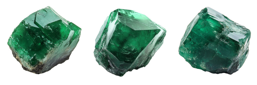 Green emerald rough gemstones isolated on transparent or white background