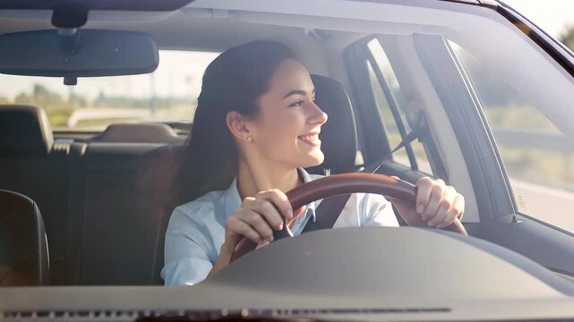 Young woman driving car smiling happy confident driver training lesson