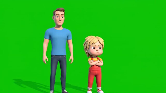 Animated father and sulky son cartoon characters on green screen family relationship issue cartoon illustration