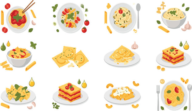 Italian Pasta and Lasagna Food Collection with Spaghetti, Ravioli, Macaroni, Penne and Creamy Pasta Dishes Cartoon Vector Illustration Set.