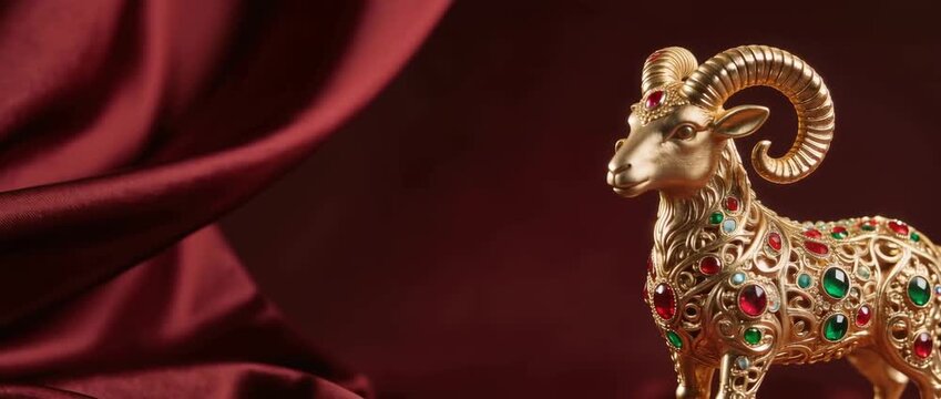 Eid al-Adha greeting banner concept. Luxury golden ram figurine adorned with gemstones on elegant dark red silk background with large copy space.