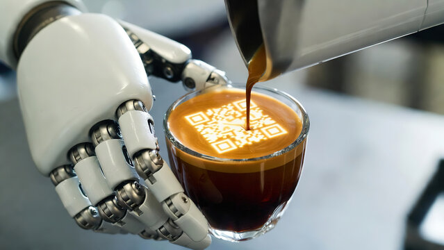Robot hand pouring milk latte art in QR code pattern into glass coffee cup in modern cafe setting
