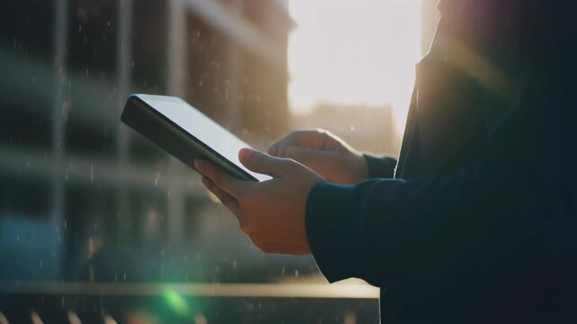 光るデジタルの青写真を持つ建設作業員の手の抽象的なクローズアップシルエット