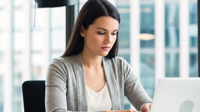 Young woman thinking while working on laptop in modern office with city view