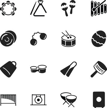 Percussion instrument silhouettes set, tambourine, triangle, maracas, xylophone, cymbals, drums, bongos, gong, caj&oacute;n, music icons for education, rhythm, performance