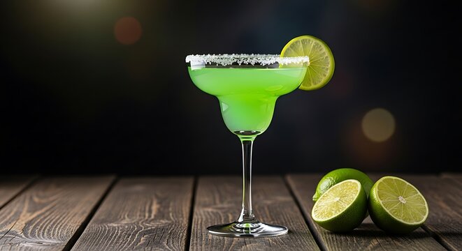 Bright green cocktail with lime slice and salt rim sits on a wood surface with limes
