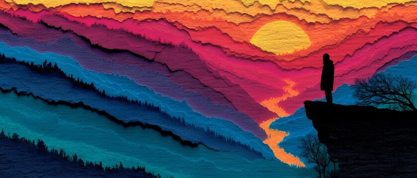 person stands on cliff overlooking colorful landscape