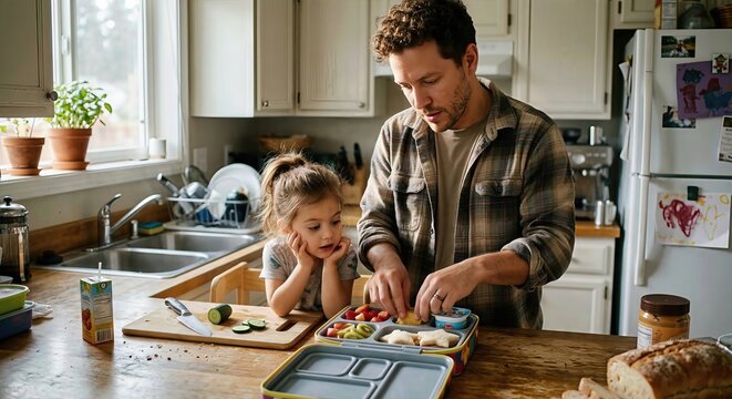 Father and daughter preparing healthy lunchbox in kitchen