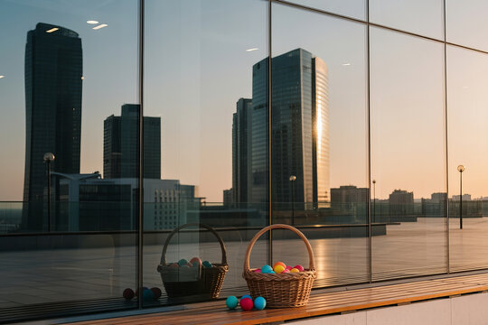 Vibrant Easter Celebration in a Modern City with Colorful Eggs and Festive Decorations Displayed