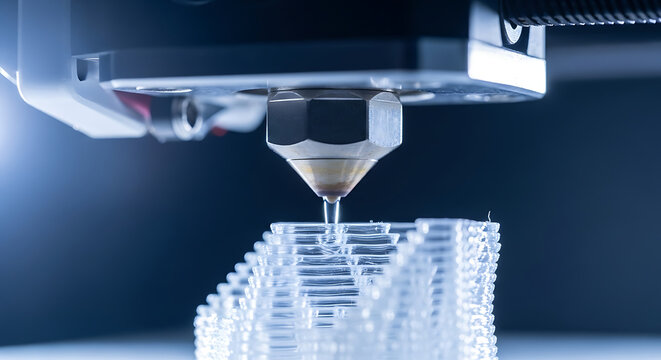 A 3D printer creates a detailed transparent plastic object in a laboratory setting.