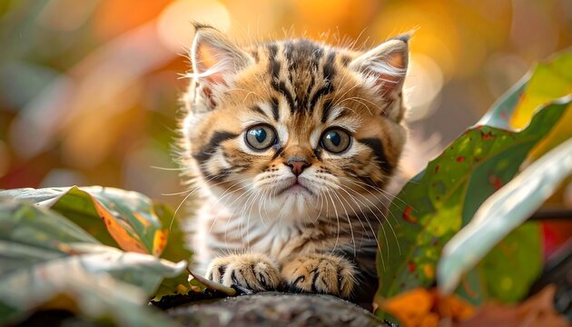 Cute kitten in autumnal foliage