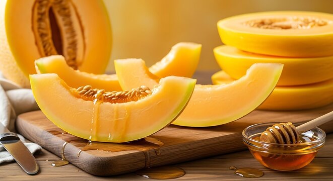 Delicious cantaloupe melon slices with honey on wooden board.