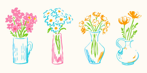 Obraz premium Colorful sketch of four bouquets in vases a charming floral illustration