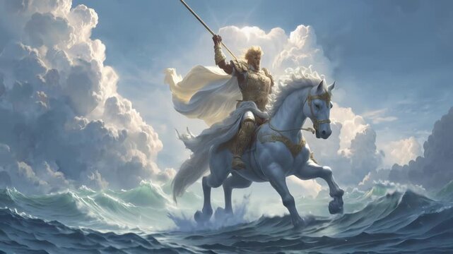 Poseidon, the Greek god of the sea, rides on a white horse over crashing waves. He holds a trident and is surrounded by dramatic clouds in the background.