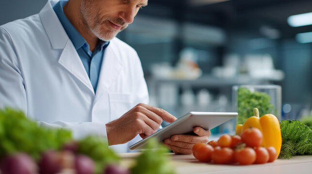 Faceless male microbiologist using a digital tablet in a modern lab, lab-grown vegetable samples and molecule equipment visible on the bench, defocused advanced laboratory behind, microbiologist
