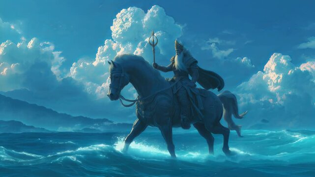 Poseidon is seen riding a horse through the ocean waves. This scene captures the ancient Greek god of the sea in a moment of action amid clouds.