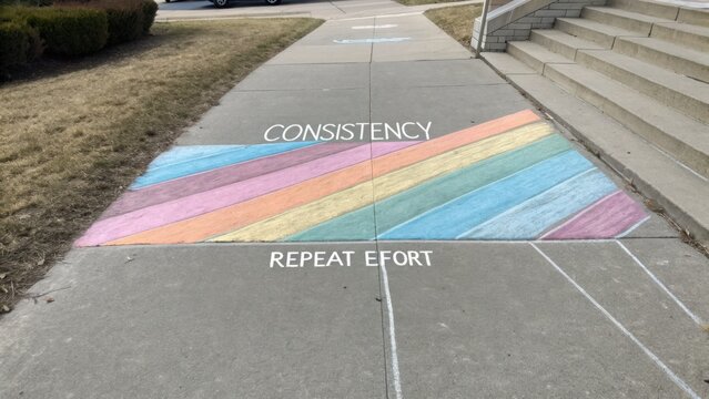 Colorful sidewalk art showcasing positive messages of consistency and repeat effort in a community setting