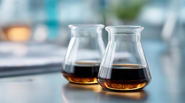 Two glass beakers containing crude dark oil samples on a laboratory bench, scientific measuring equipment nearby, defocused precise lab environment behind, crude oil laboratory, scientific oil