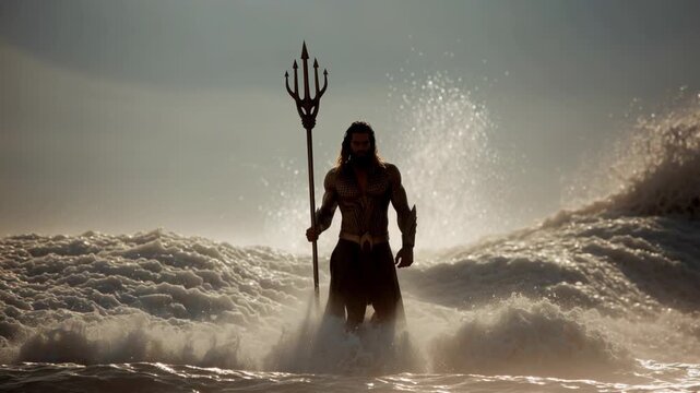 Poseidon stands powerful by the edge of the ocean. He holds a trident while waves crash around him under bright sunlight. The scene shows strength and energy at the shore.