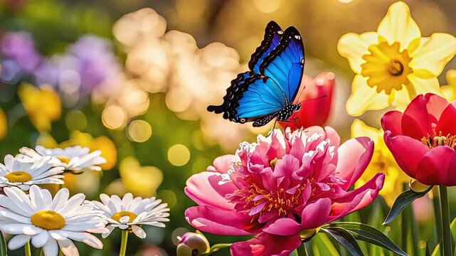 Butterfly Flying Between Blooming Spring Flowers