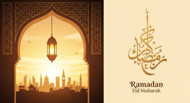 Ramadan eid mubarak greeting with mosque silhouette and lantern