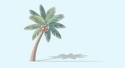 Obraz premium A solitary palm tree with coconuts and a distinct shadow.
