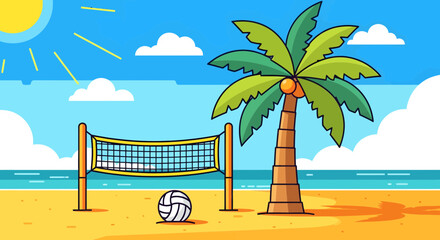 Fototapeta premium Beach Volleyball Net and Ball Under Palm Tree.