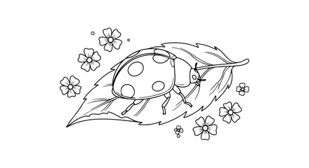 Cute minimal line art illustration of a ladybug on a leaf with spring flowers, perfect for coloring © Beny Qurdy