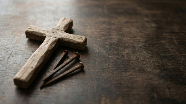 Wooden Cross and Nails on Dark Table Good Friday Crucifixion Symbol