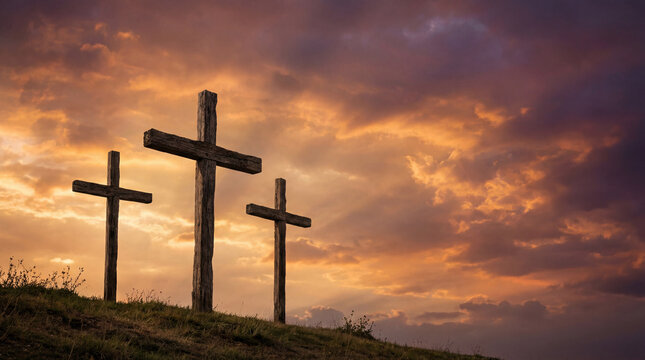 Three Crosses on Hill at Sunset Good Friday Concept with Dramatic Sky Copy Space