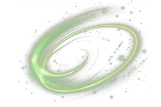 A vibrant swirling green light trail forms an elliptical orbit against a stark black background