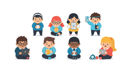 Diverse group of eight cartoon children engaging with digital tablets and smartphones, representing modern education and technology use.