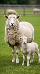 Obraz premium Ewe and Lamb in a Green Pasture - A Peaceful Farm Scene.