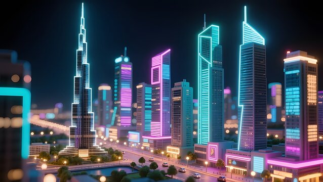 Miniature Neon Dubai Skyline at Night Featuring Burj Khalifa with Tilt-Shift Effect and Cyberpunk Futuristic City Glow