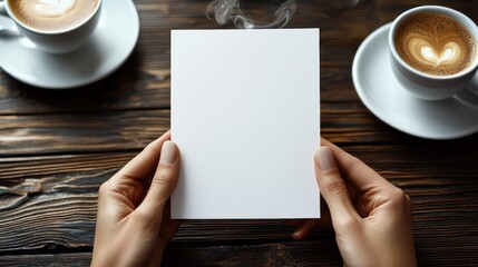 Obraz premium Blank Card Held Over Wooden Table with Coffee Cups.