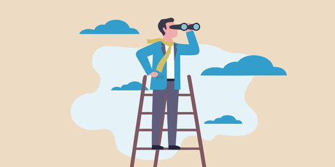 A man stands on a ladder intently looking through binoculars © Bebdas